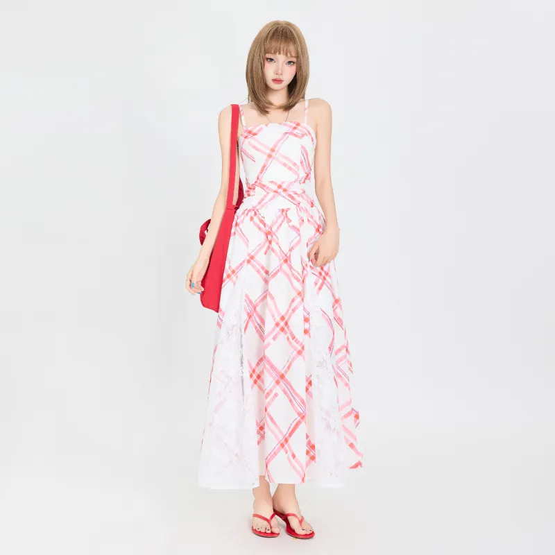 Wen Shan Slip Dress Women's Cherry Red Plaid-2