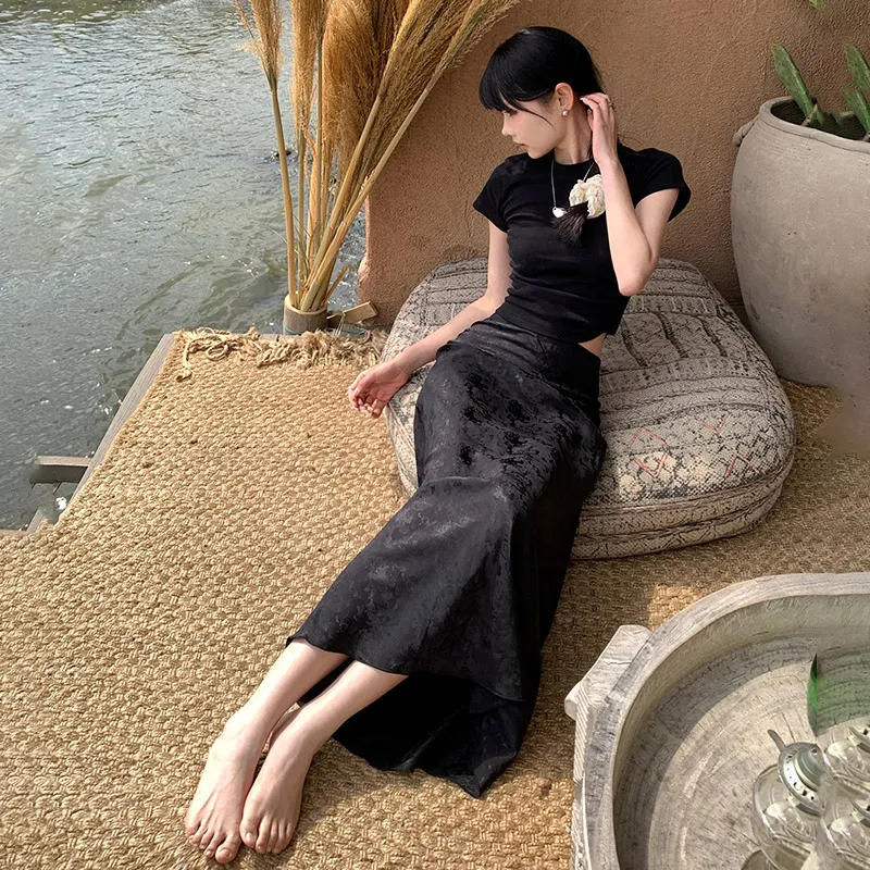 Wen Shan Casual Long Skirt Women's Black-4