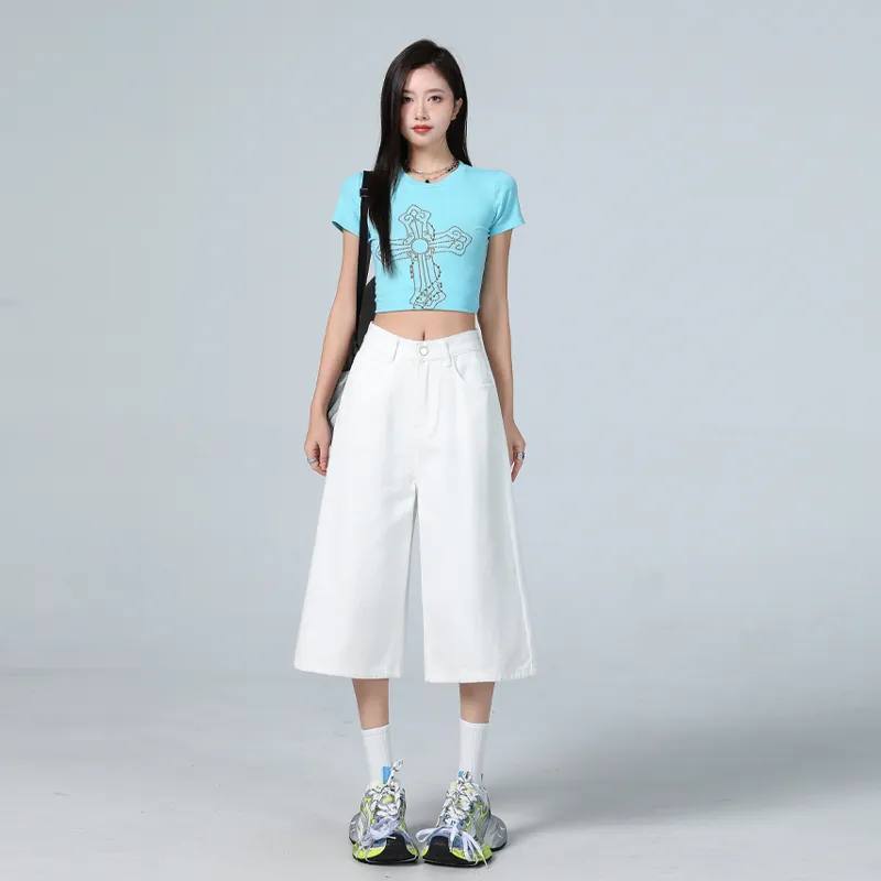 Wen Shan Denim Shorts Women's White-2