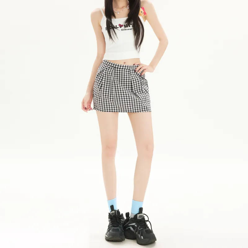 Wen Shan Casual Short Skirts Women's Black White Plaid-2