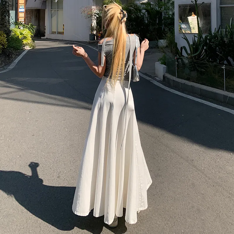 Wen Shan Denim Long Skirt Women's White-2