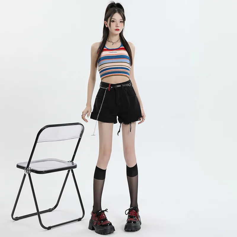 Wen Shan Denim Shorts Women's Black With Belt-4