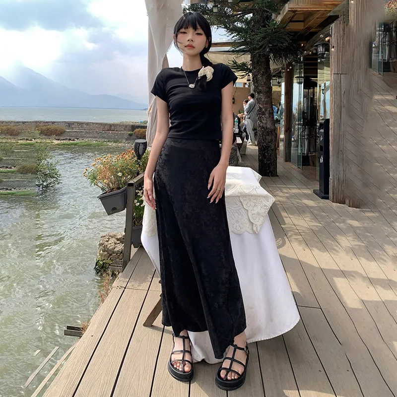 Wen Shan Casual Long Skirt Women's Black-5