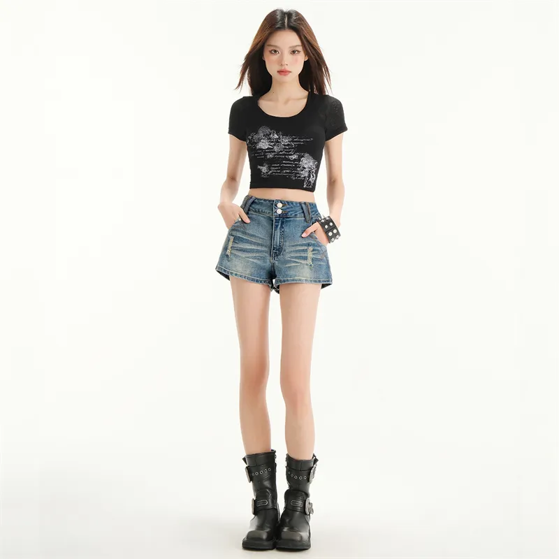 Wen Shan Denim Shorts Women's Nostalgic Blue-2