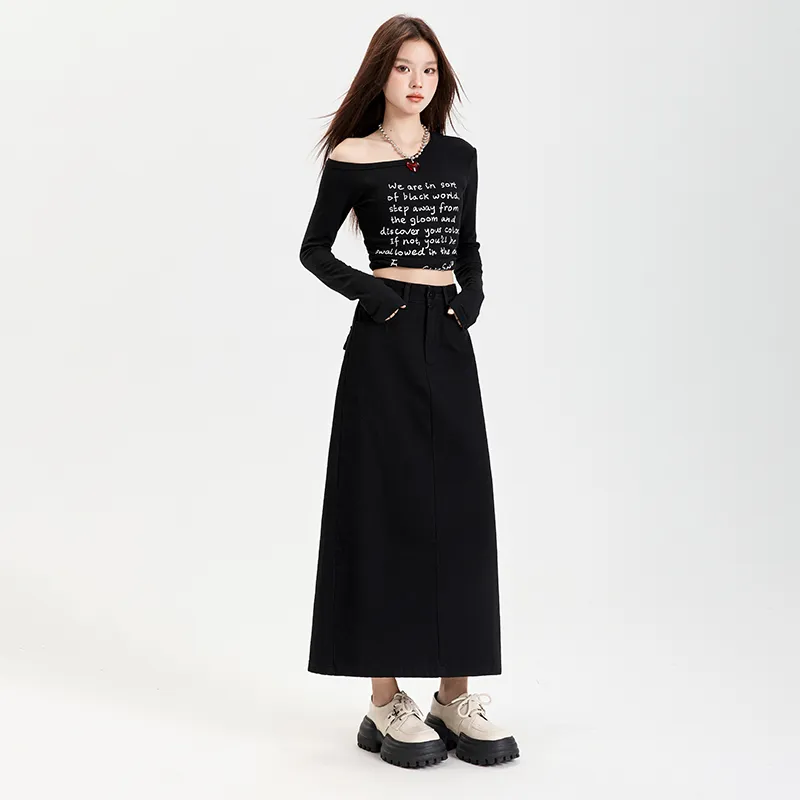 Wen Shan Denim Long Skirt Women's Black-3