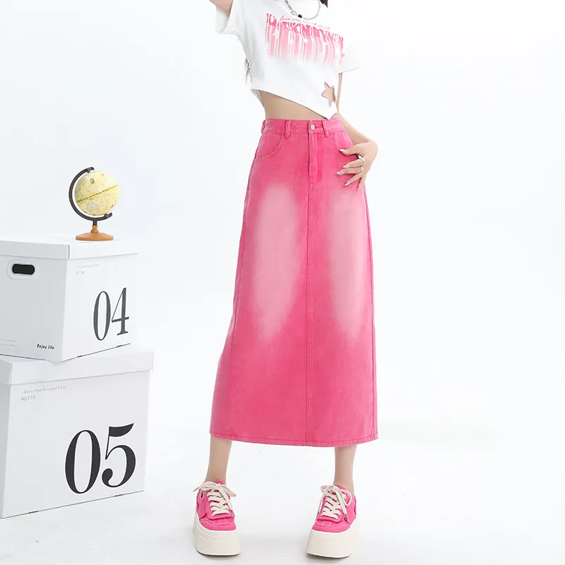 Wen Shan Denim Long Skirt Women's Rose Red-3