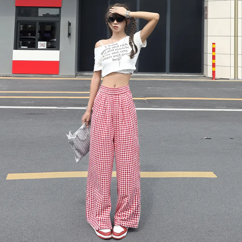 Wen Shan Casual Pants Women's Red Plaid Pants-1