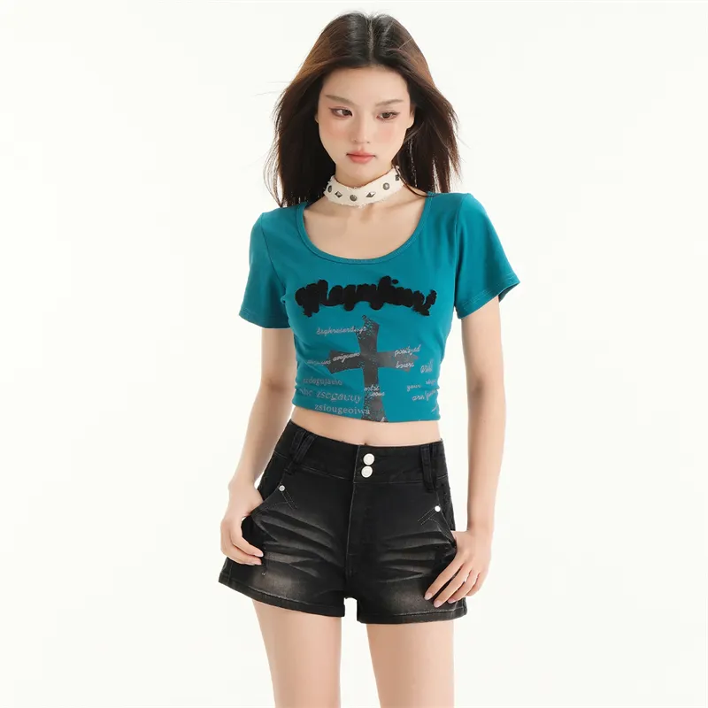 Wen Shan Denim Shorts Women's Black Gray-2