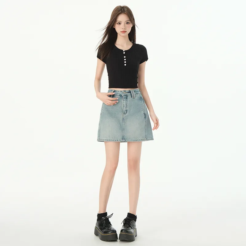 Wen Shan Denim Short Skirts Women's Vintage Blue-3