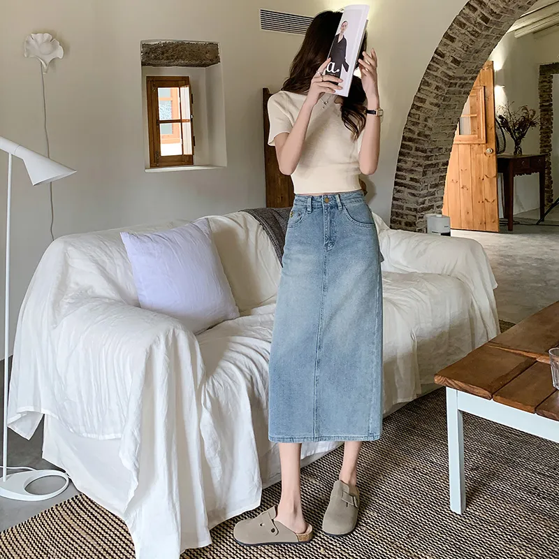 Wen Shan Denim Long Skirt Women's Cream Blue-2