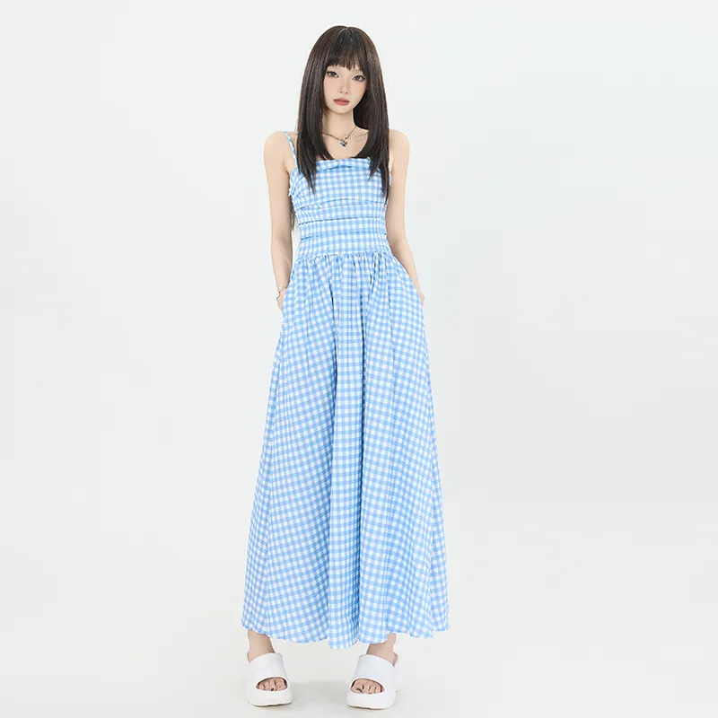Wen Shan Slip Dress Women's Blue White Plaid-2
