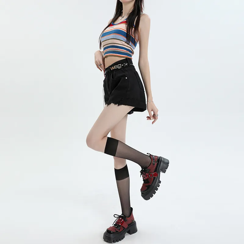 Wen Shan Denim Shorts Women's Black With Belt-3