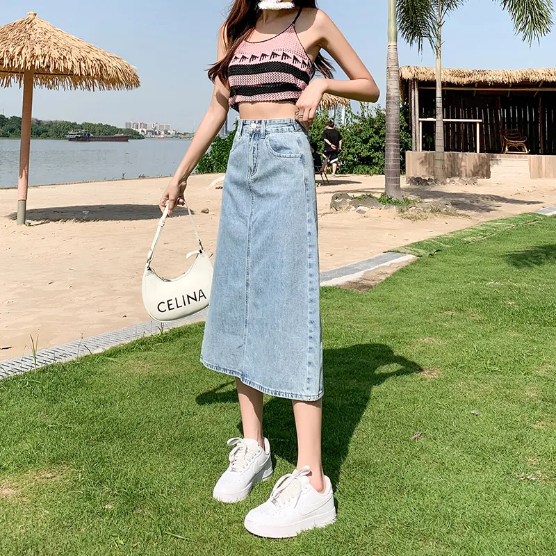 Wen Shan Denim Long Skirt Women's Light Blue-3