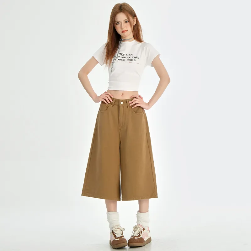 Wen Shan Denim Shorts Women's Khaki Capri Pants-2