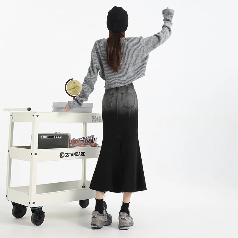 Wen Shan Denim Long Skirt Women's Gray Black-4