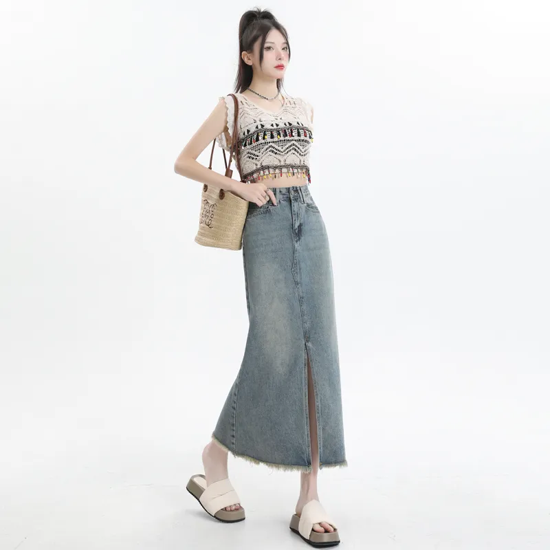 Wen Shan Denim Long Skirt Women's-3