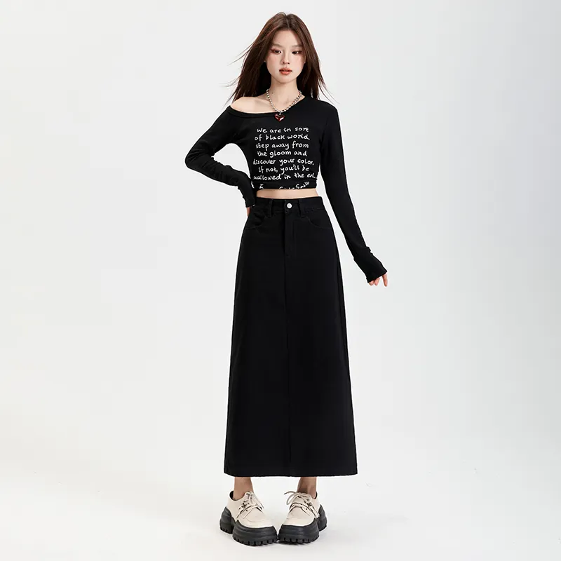Wen Shan Denim Long Skirt Women's Black-2
