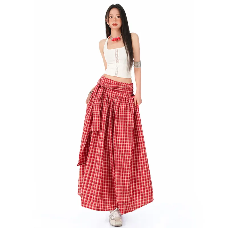 Wen Shan Casual Long Skirt Women's Red Plaid Color-3