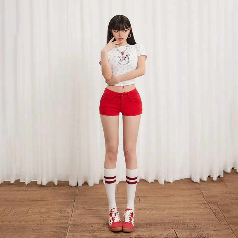 Wen Shan Denim Shorts Women's Red-5