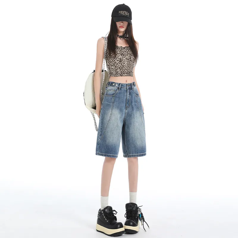Wen Shan Denim Shorts Women's Vintage Blue Knee Length Pants-5