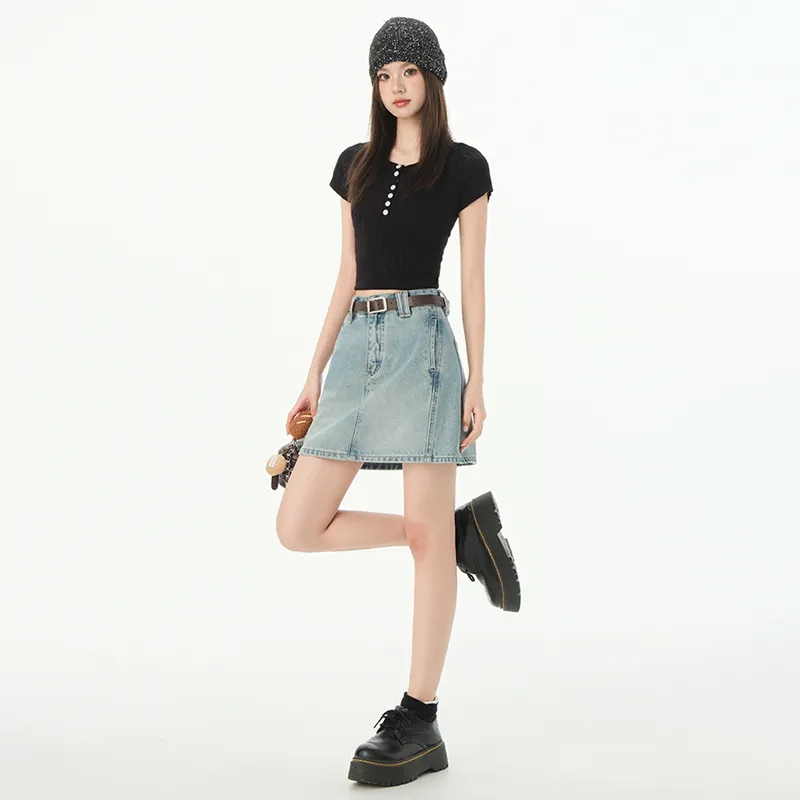Wen Shan Denim Short Skirts Women's Vintage Blue-4