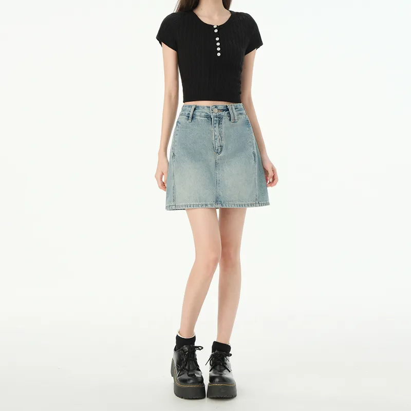 Wen Shan Denim Short Skirts Women's Vintage Blue-2