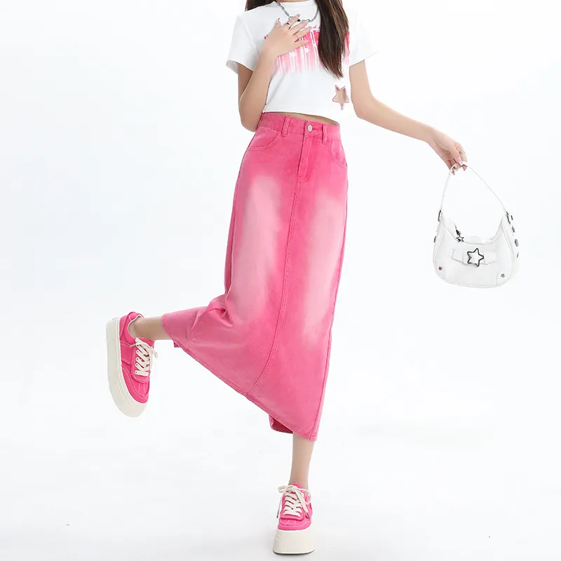 Wen Shan Denim Long Skirt Women's Rose Red-4