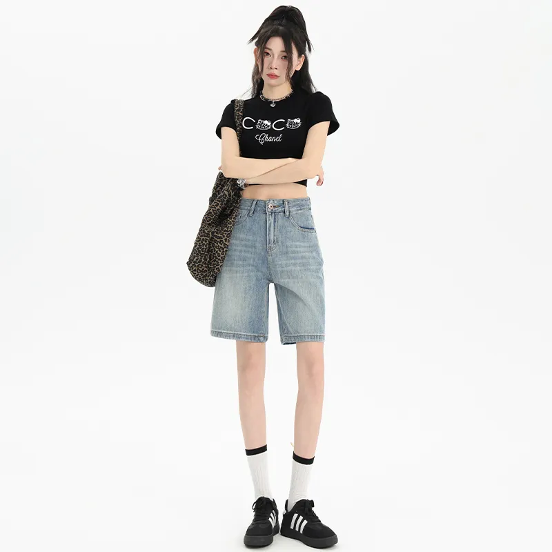 Wen Shan Denim Shorts Women's Light Blue Knee Length Pants-5