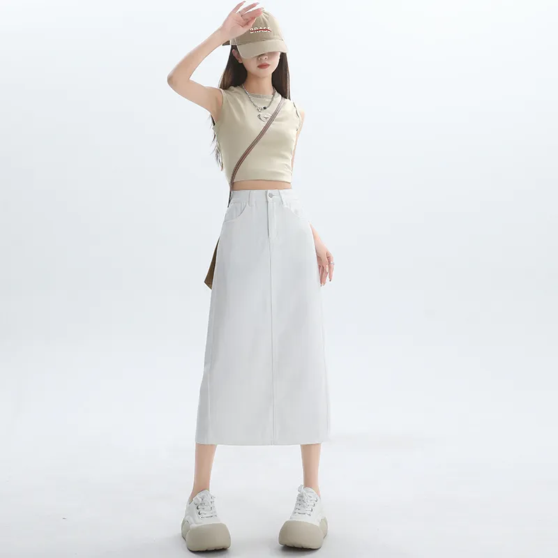 Wen Shan Denim Long Skirt Women's White-5