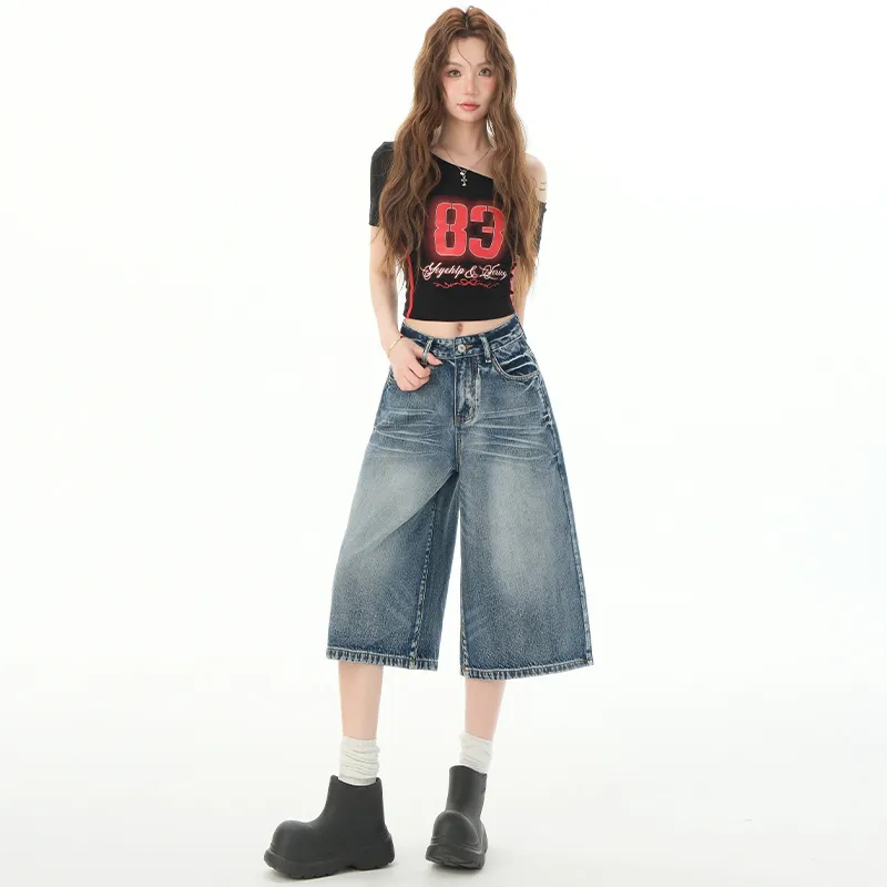 Wen Shan Denim Shorts Women's Vintage Blue Capri Pants-2