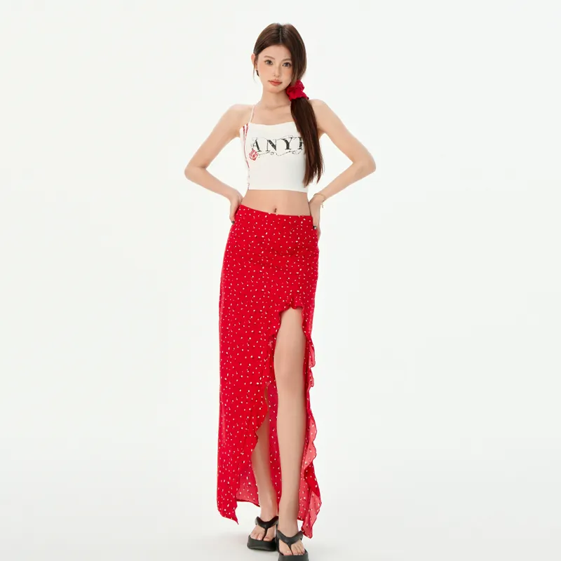 Wen Shan Casual Long Skirt Women's Red-3