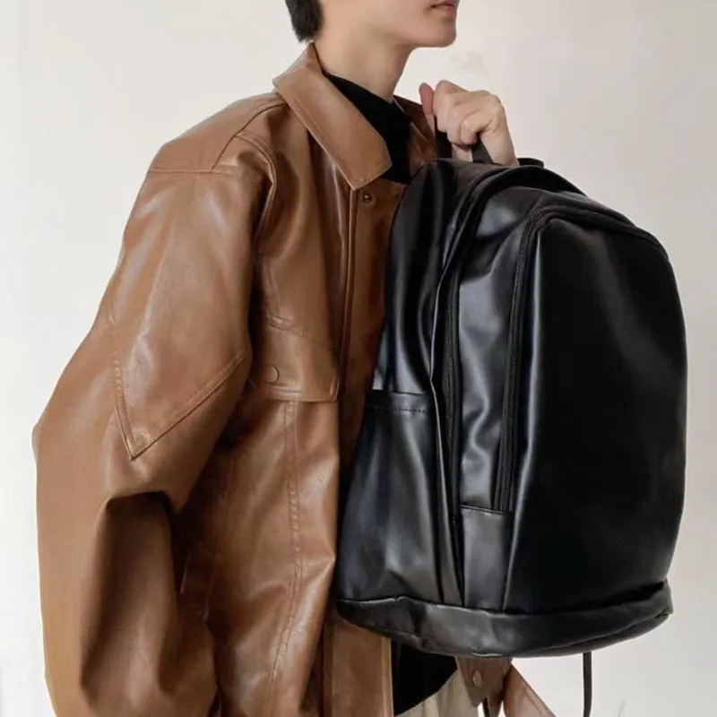Slazenger Minimalist Soft Leather Travel Student Backpack Unisex Black/White Dark Brown-5