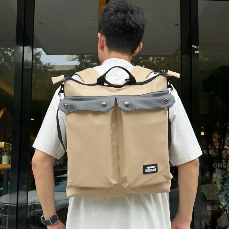 Slazenger Large Capacity Water-Repellent PU Backpack Unisex Vintage Gray/Khaki-10