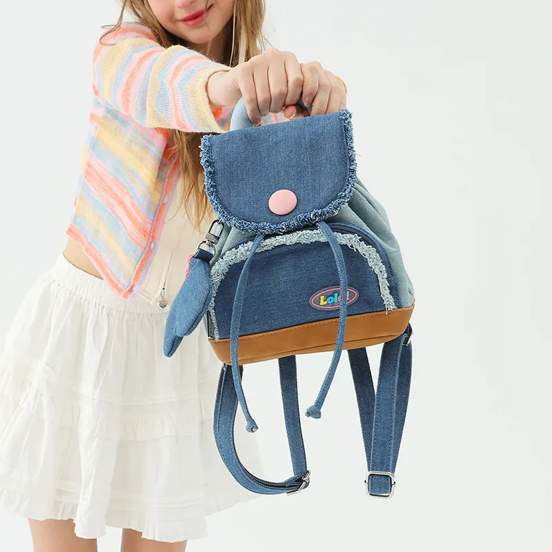 LOLA DESIGN Denim Backpack Small Size Women's Dark Blue \ Light Blue-1