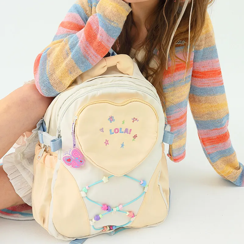 LOLA DESIGN Polyester Backpack Women's Pink/Light Yellow-2