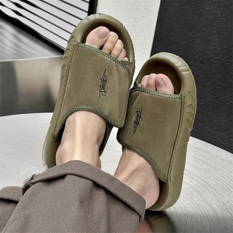 APRHE Slip Resistant Abrasion Resistant Slide Slippers Men's Khaki Green-3