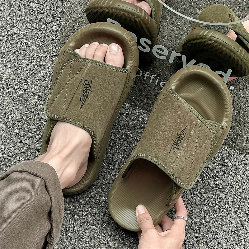 APRHE Slip Resistant Abrasion Resistant Slide Slippers Men's Khaki Green-1
