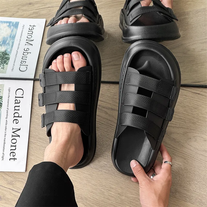 APRHE Rubber Sole Slip Resistant Abrasion Resistant Slide Slippers Men's Black-3