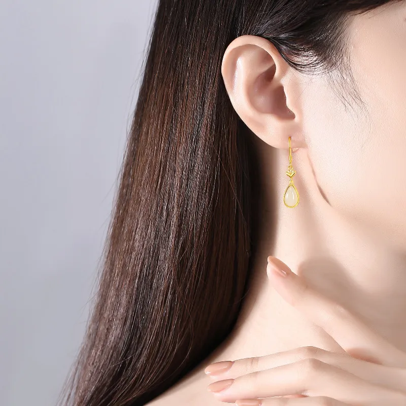 Mom's Gift Hetian Jade Earrings Pale Greenish White Jade Women's-3