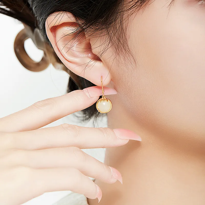 Mom's Gift Hetian Jade Earrings Pale Greenish White Jade Women's-4