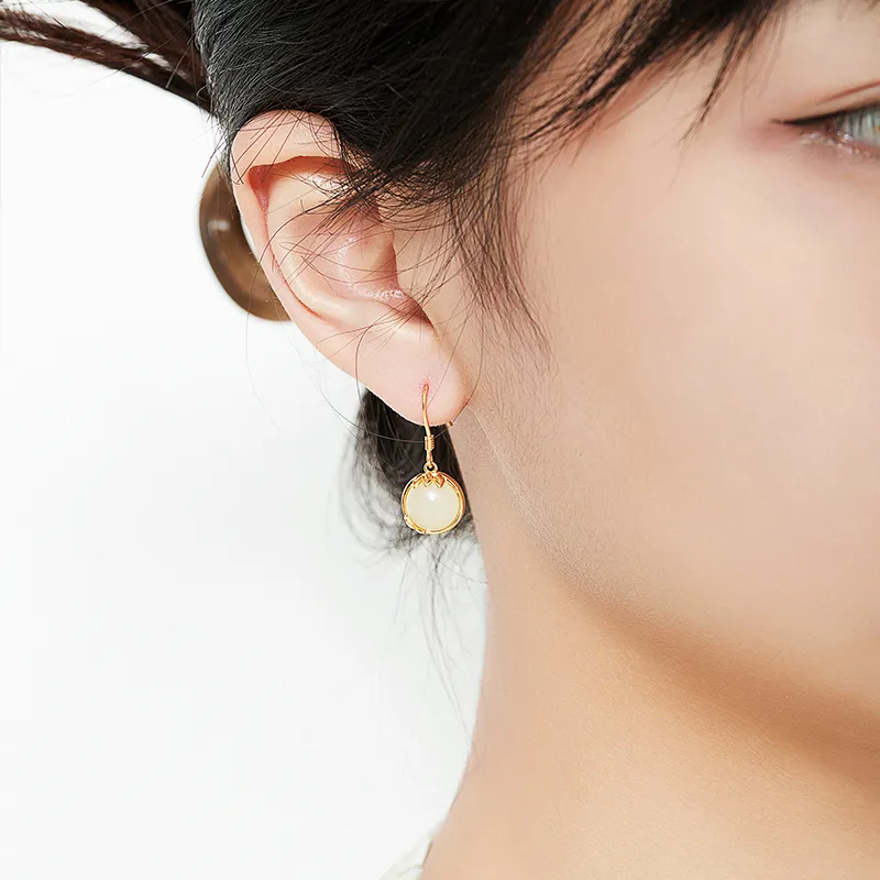 Mom's Gift Hetian Jade Earrings Pale Greenish White Jade Women's-3