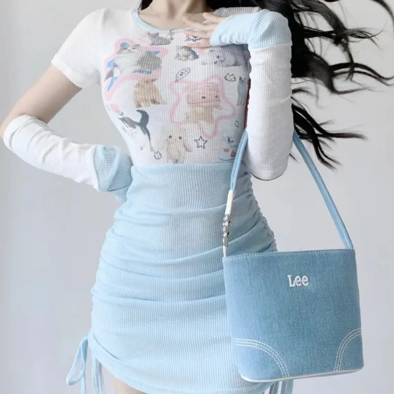 Lee Fabric+Artificial Leather Baby Blue Shoulder Bag, Bucket Bag, Shoulder Bag Regular Women's Vintage Light Cow-3