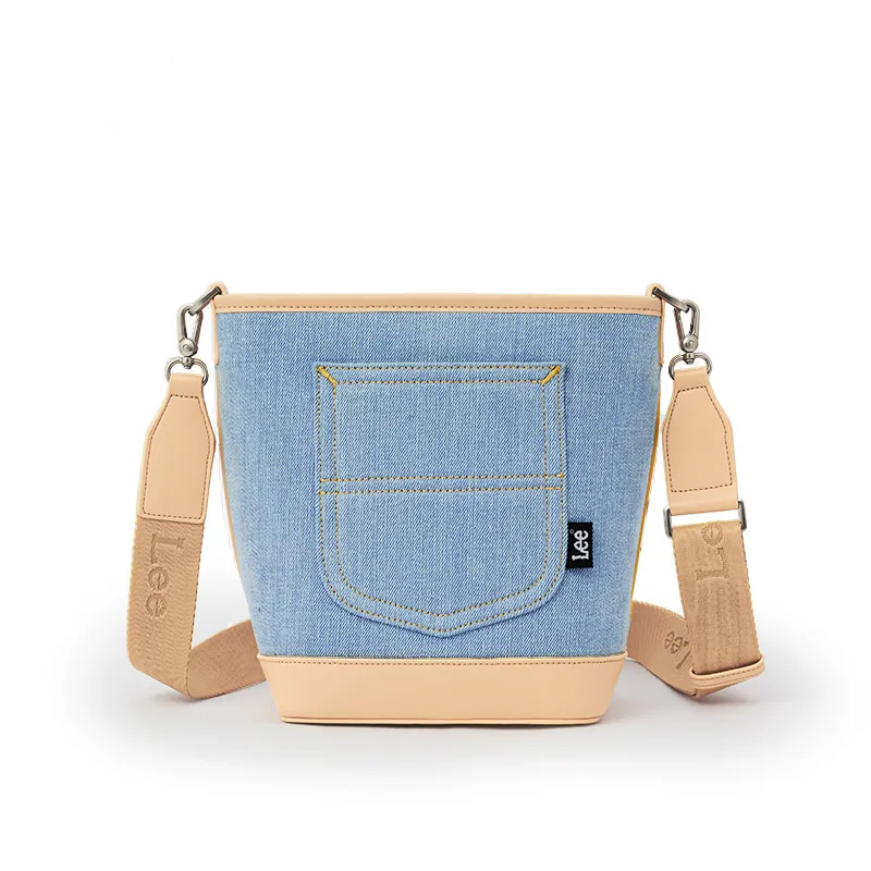 Lee Fabric+Artificial Leather Crossbody Bucket Bag, Shoulder Bag Regular Women's Vintage Light Denim Blue-1