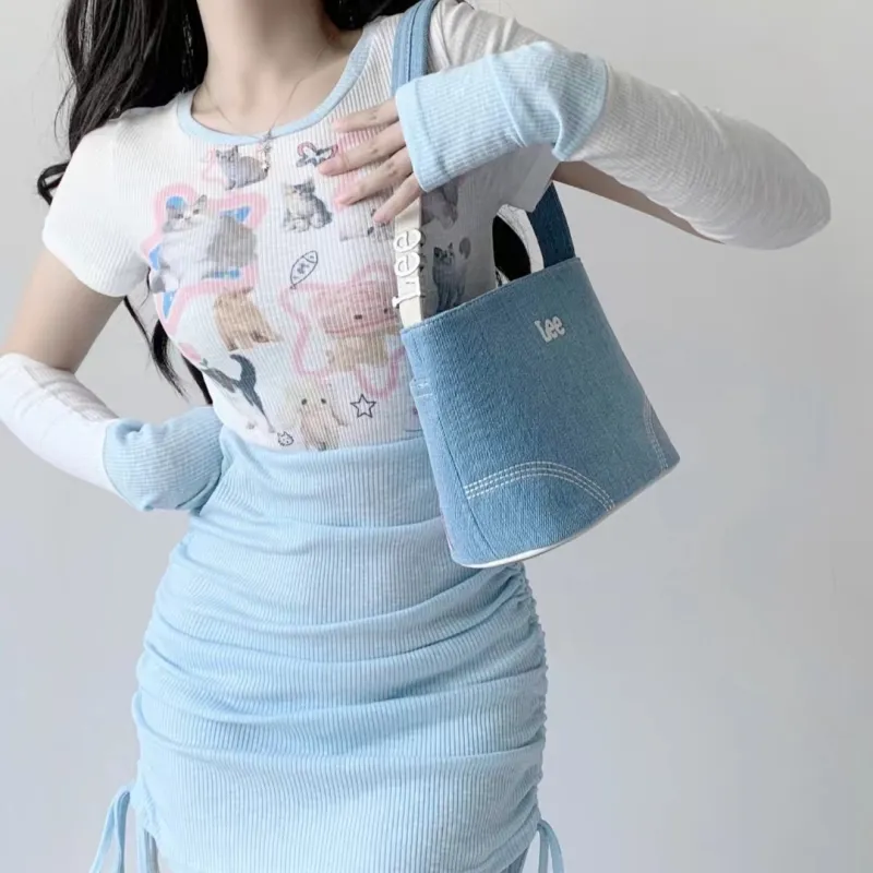 Lee Fabric+Artificial Leather Baby Blue Shoulder Bag, Bucket Bag, Shoulder Bag Regular Women's Vintage Light Cow-2