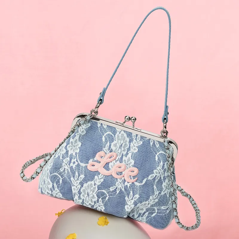 Lee Fabric Crossbody Bag, Handbag, Shoulder Bag Regular Women's Blue White Lace-4