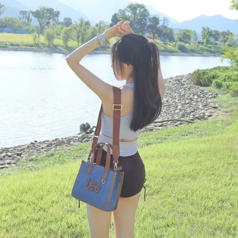 Lee Fabric Artificial Leather Tote Crossbody Bag Shoulder Bag Handbag Women's Denim Blue-1