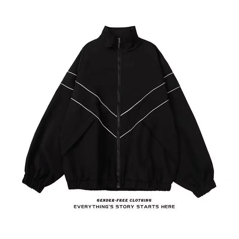 TESTUNG Trendy Line Stand Collar Raglan Loose Fit Zip Up Jackets Coat Men's-3