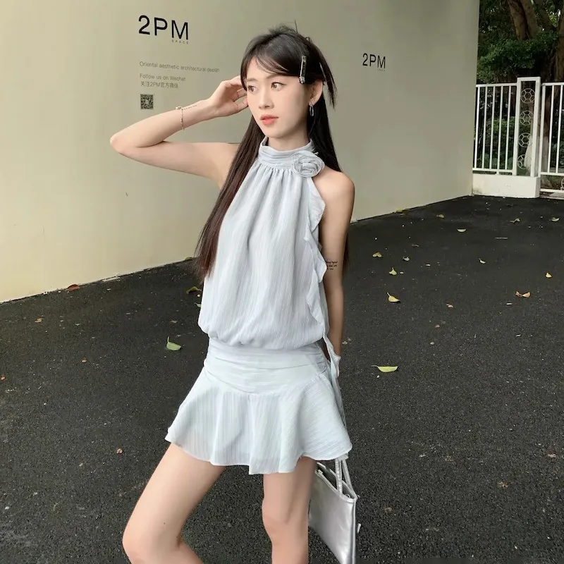 Yuerlian Sleeveless Dress Women's Gray Blue-2