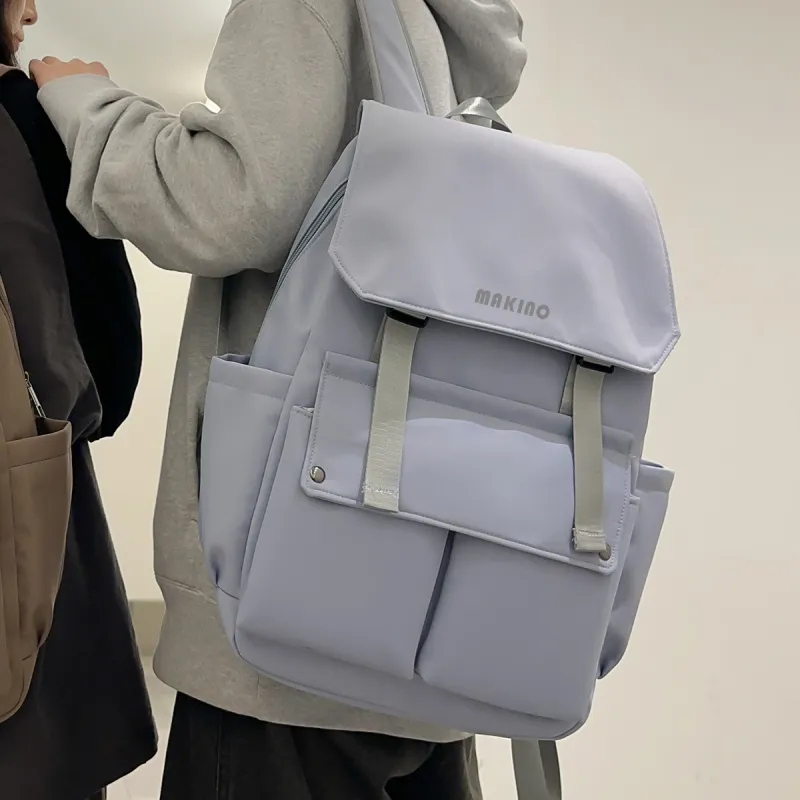 MAKINO Fabric Backpack Medium Size Unisex Black/White/Blue-15