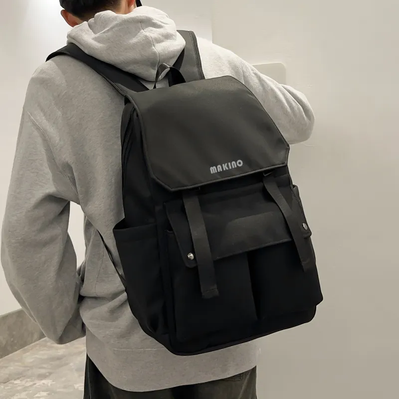 MAKINO Fabric Backpack Medium Size Unisex Black/White/Blue-3